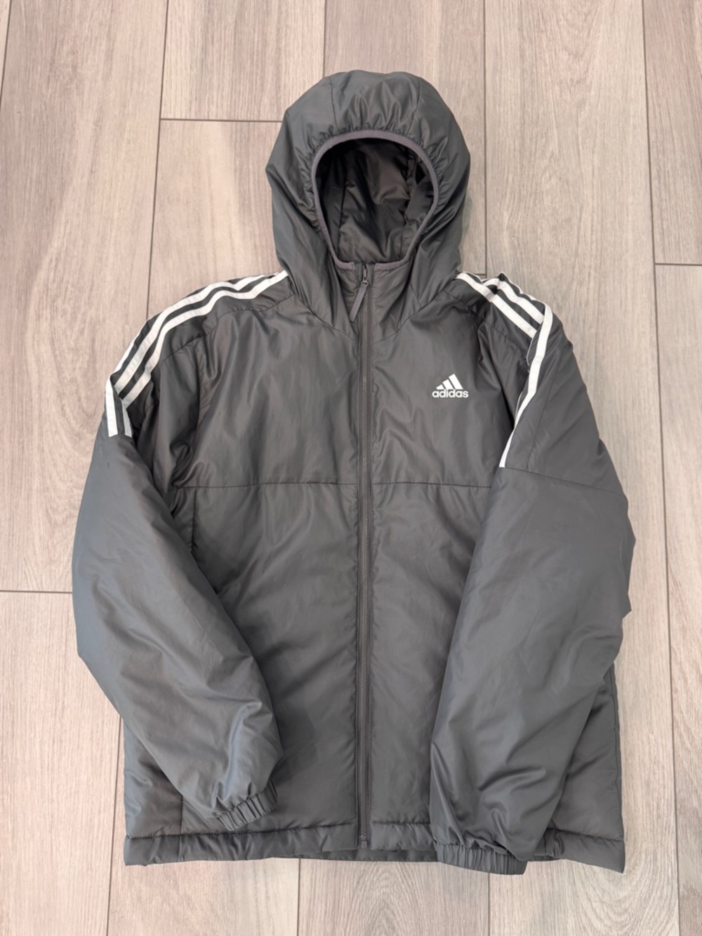 adidas Gray Hooded Puffer Jacket with White Stripes